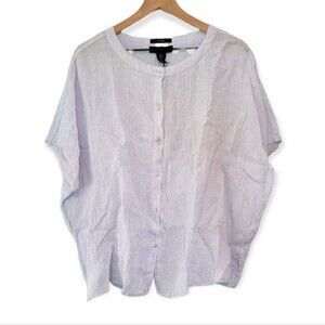 Tahari Blue 100% Linen Short Sleeve Button Up Blouse Size Small NWT